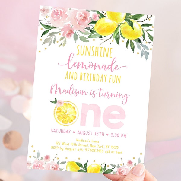 Editable Lemonade First Birthday Invitation Sunshine Lemonade and Fun Pink Lemonade Pink Gold Floral Girl Lemonade Party Digital A613