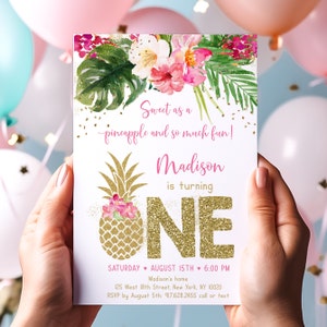 Editable Pineapple First Birthday Invitation Sweet As A Pineapple Birthday Invite Tropical Pink Gold Floral Printable Digital Download A494