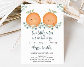 Editable Little Cutie Baby Shower Invitation Twin Little Cuties on the way Twin Baby Shower Boy Clementine Summer Digital Download A535