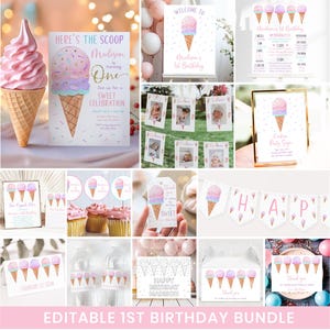 Eis zum ersten Geburtstag Einladung Bundle, hier ist die Schaufel, Pink Gold Eis Geburtstag Mädchen Eis Party bearbeitbar Digital A673