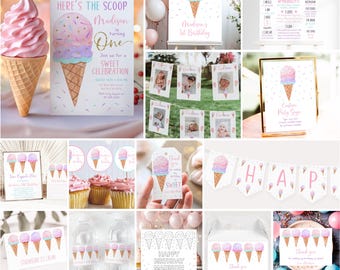 Puede incluir: Paquete de imprimibles para la fiesta de primer cumpleaños editable con temática de cono de helado. Incluye invitaciones, pancartas, adornos para cupcakes, etiquetas de agradecimiento y un letrero personalizado para la fiesta. Los colores son rosa, azul y blanco.