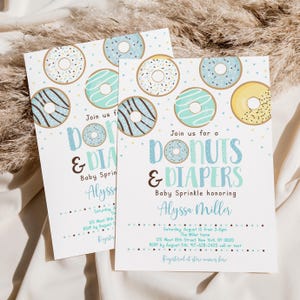 Convite editável Donut Baby Sprinkle, Donuts e fraldas, Donut azul, Baby Boy Sprinkle, para impressão, digital, download instantâneo, Corjl A501