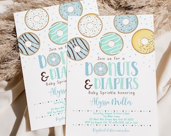 May include: A baby sprinkle invitation with a blue and yellow donut theme. The invitation says "Join us for a Donuts & Diapers Baby Sprinkle honoring Alyssa Miller".