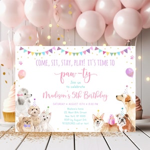 Editable Puppy Birthday Invitation Let&#39;s Paw-ty Girl Puppy Birthday Invite Puppy Dog Birthday Pink Gold Balloons Digital Download A621