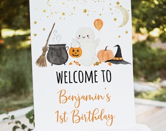Panneau de bienvenue d'anniversaire fantôme modifiable - Panneau d'Halloween - Fête d'Halloween - Fantôme, citrouille, lune, étoiles - Garçon, fille - Téléchargement numérique A702