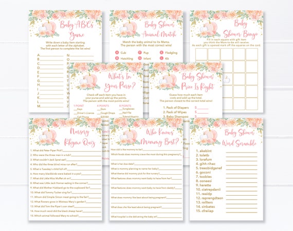 Pumpkin Baby Shower Games Package Blush & Gold Floral Pumpkin Girl Baby Shower Set Of 8 PRINTABLE GAMES Digital Instant Download A505 Il_570xn