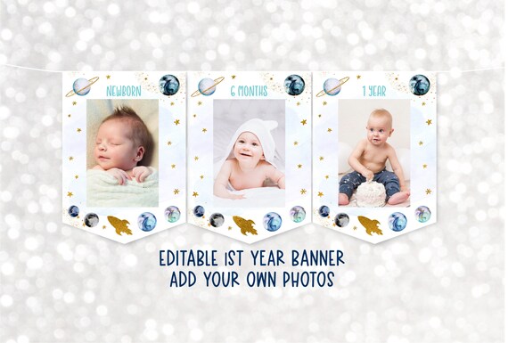 Galaxy First Birthday Banner Monthly Photo Banner Blue Gold Galaxy Planets Outer Space Party Rocket Ship Editable Digital Download A586 Il_570xn