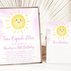 Editable Pink Sunshine First Birthday Time Capsule Girl Sunshine Birthday Sunshine Party Pink Clouds Digital Download Corjl A600