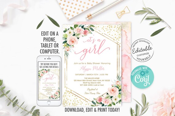 EDITABLE Floral Blush & Gold Baby Shower Invitation Pink Floral Baby Shower Girl Baby Shower Digital Printable Instant Download Corjl A492 Il_570xn