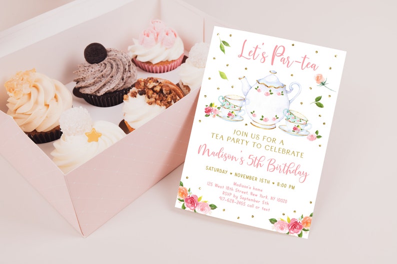 Editable Let's Par-tea Birthday Invitation Tea Party Birthday Invite Pink Gold Floral Girl Tea Party Digital Printable Instant Download A583 image 2