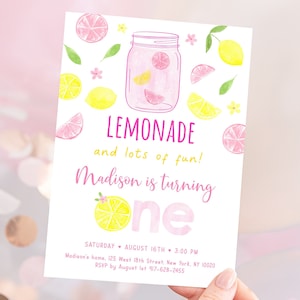 Editable Pink Lemonade First Birthday Invitation, Pink Lemonade Party, Lemonade and Fun, Lemon, Citrus, Summer Birthday Download A675