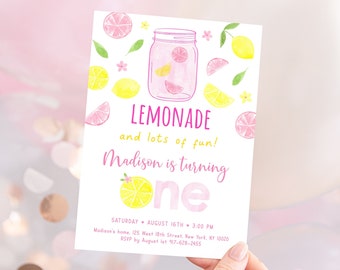 Bearbeitbare Pink Lemonade Erste Geburtstagseinladung, Pink Lemonade Party, Lemonade und Spaß, Zitrone, Zitrus, Sommergeburtstag Download A675
