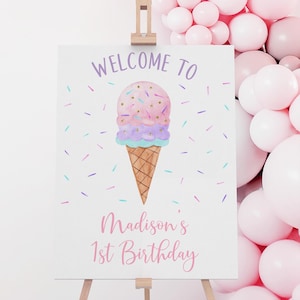 Bearbeitbares Eis Geburtstag Willkommensschild Mädchen Eis Party Moderne Aquarell Eis Streusel Printable Digitaler Download A673 Bild 1