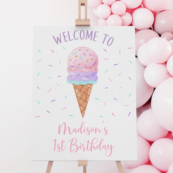 Editable Ice Cream Birthday Welcome Sign Girls Ice Cream Party Modern Watercolor Ice Cream Sprinkles Printable Digital Download A673