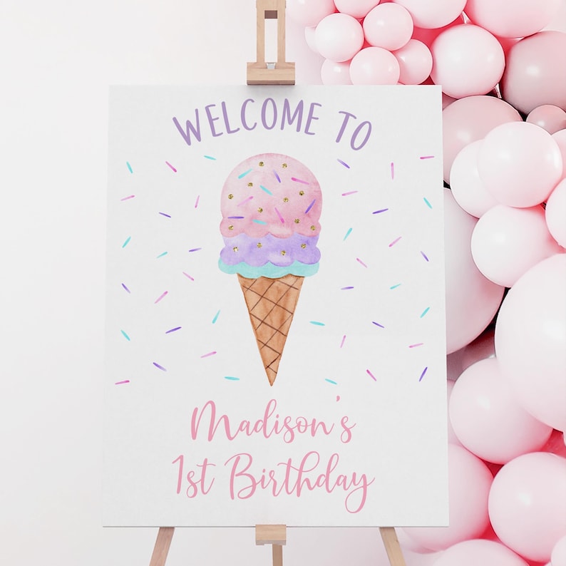 Bearbeitbares Eis Geburtstag Willkommensschild Mädchen Eis Party Moderne Aquarell Eis Streusel Printable Digitaler Download A673 Bild 1