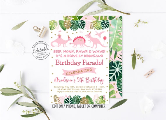 EDITABLE Pink Dinosaur Drive By Birthday Parade Invitation Quarantine Party Girl Birthday Social Distancing Party Printable Instant Download Il_570xn