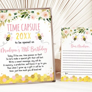 Editable Bee Birthday Time Capsule Bee First Birthday Little Honey Bee First Bee-day Girl Pink Floral Printable Instant Download A541