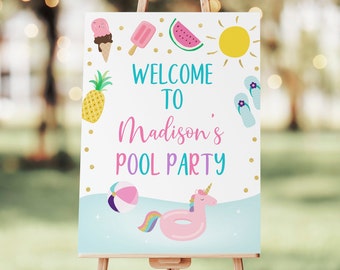 Editable Pool Party Welcome Sign Pool Party Birthday Girls Pool Party Ice Cream Pineapple Watermelon Digital Printable Instant Download A533