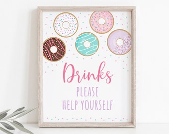 Pink Donut Birthday Drinks Sign, Donut Grow Up, Donut Birthday, Donut Baby Shower, Pink Purple, First Birthday, Printable, Download, A500