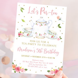 Editable Let's Par-tea Birthday Invitation Tea Party Birthday Invite Pink Gold Floral Girl Tea Party Digital Printable Instant Download A583 image 1
