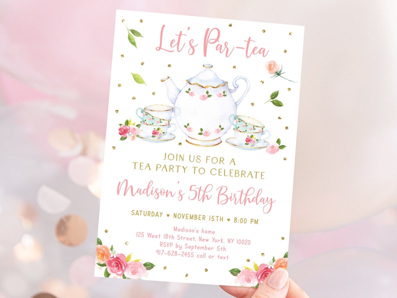 Editable Let's Par-tea Birthday Invitation Tea Party Birthday Invite Pink Gold Floral Girl Tea Party Digital Printable Instant Download A583 image 1