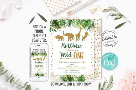 EDITABLE Wild One Birthday Invitation, Gold Safari Birthday Invite, Boy Safari, Safari Animals, Jungle Animals, Printable, Digital A476 Il_570xn