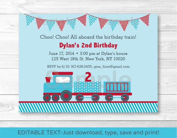 Cute Choo Choo Train Birthday Invitation / Train Birthday Invite / Blue & Red Train / Any Age / INSTANT DOWNLOAD Editable PDF Any Age A252 Il_570xn