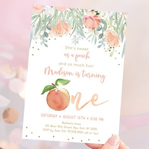 Editable Peach Birthday Invitation Sweet As A Peach First Birthday Invite Peach Gold Floral Girl 1st Birthday Printable Digital A608