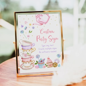 Bearbeitbares Tea Party Geburtstagsschild, Tischschild, Tea Par-tea, Pink Gold Floral Tea Party, Zwei für Tee, Kuchen Cupcakes Digitaler Download A651