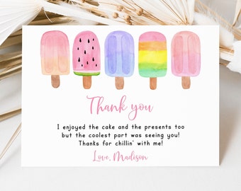 Popsicle Birthday Thank You Card, Popsicle Birthday, Pink Girl Popsicle Party Ice Cream Party, Thanks for Chillin' Digital Download A674