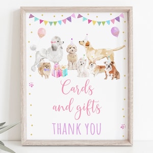 Welpen Karten und Geschenke Geburtstagsschild Paw-ty Pink Girl Welpe Geburtstag Puppy Party Tierheim Tierarzt Welpen Hund mit Luftballons Download A621