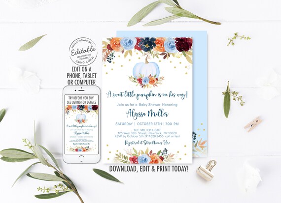 EDITABLE Blue Pumpkin Baby Shower Invitation Boy Pumpkin Baby Shower Invite Floral Pumpkin Digital Printable Instant Download Template A468 Il_570xn