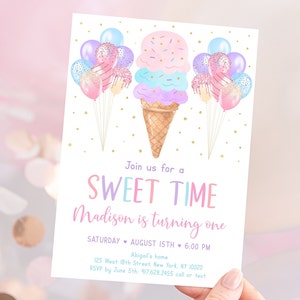 Editable Ice Cream Birthday Invitation Girls Ice Cream Party Invite Sweet Time Pink Gold Sprinkles Balloons Printable Digital Download A611