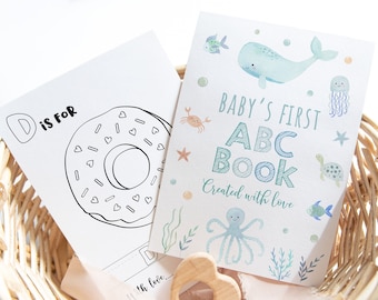 Libro ABC Baby Shower Gioco Blu sotto il mare Alfabeto libro da colorare Primo libro ABC Baby Shower pagine da colorare per bambini Download digitale A725