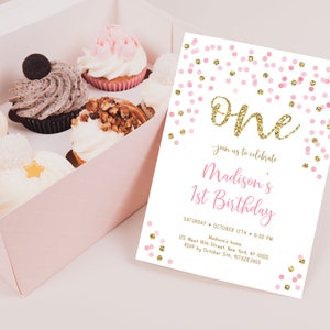 Editable Pink and Gold First Birthday Invitation, Confetti 1st Birthday Invite, Pink Gold Glitter Dots, Girl First Birthday, Download A559 image 2
