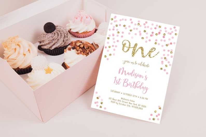 Editable Pink and Gold First Birthday Invitation, Confetti 1st Birthday Invite, Pink Gold Glitter Dots, Girl First Birthday, Download A559 image 2