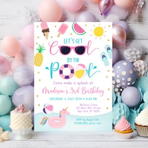 Editable Pool Party Birthday Invitation Girls Pool Party Let&#39;s Get Cool Ice Cream Watermelon Pineapple Printable Instant Download Corjl A533