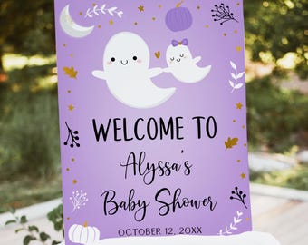 Editable Ghost Baby Shower Welcome Sign Little Boo Baby Shower Girl Purple Ghost Pumpkin Halloween Baby Shower Digital Download A637