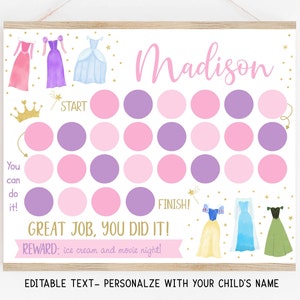 Editable Princess Reward Chart, Sticker Chart, Pink Gold Princess Dress Girl Potty Training Chart, Behavior Chart, Printable Digital A709