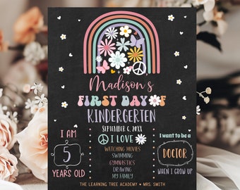 Editable Groovy Hippie Day of Kindergarten Sign, First Day of School Sign, Rainbow Flower Daisy Retro Boho Peach Love, Digital Download A744