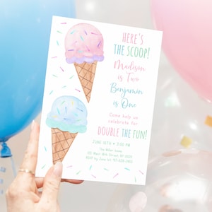 May include: A pink and blue ice cream cone birthday invitation with sprinkles. The text reads "Here's the scoop! Madison is Two, Benjamin is One. Come help us celebrate for Double the Fun! June 16th - 3:00 PM. The Miller Home, 125 West Hill Street, Apt 10000, RSVP by June 1st, 997-878-7455"
