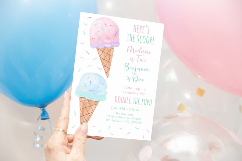 May include: A pink and blue ice cream cone birthday invitation with sprinkles. The text reads "Here's the scoop! Madison is Two, Benjamin is One. Come help us celebrate for Double the Fun! June 16th - 3:00 PM. The Miller Home, 125 West Hill Street, Apt 10000, RSVP by June 1st, 997-878-7455"