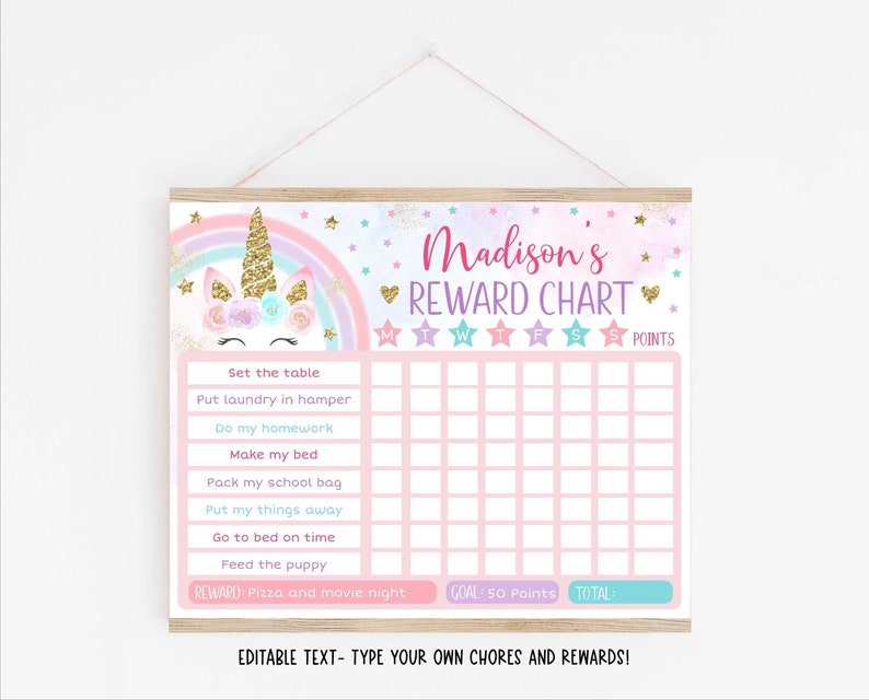 Editable Unicorn Reward Chart, Pink Gold Rainbow Flower, Behavior Chart ...