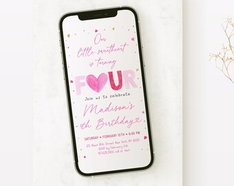 Editable Little Sweetheart Fourth Birthday E-Invitation Pink Gold Hearts Valentine's Birthday Invite Valentine's Day Party Download A657