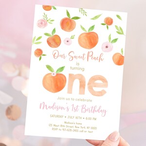 Bearbeitbare Süßer Pfirsich Geburtstagseinladung Pfirsich Erster Geburtstag einladen Aquarell Pfirsich Mädchen 1.Geburtstag Printable Digital Download A668