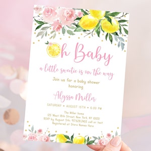 Editable Little Sweetie Lemon Baby Shower Invitation Lemonade Baby Shower Pink Lemonade Pink Gold Floral Baby Girl Digital Download A613