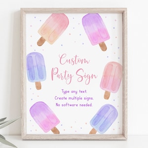 Editable Pink Popsicle Baby Shower Sign, She&#39;s Ready To Pop, Pink Purple Girl Popsicle Baby Shower Watercolor Popsicle Digital Download A699