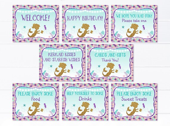 Mermaid Birthday Signs Mermaid Party Under The Sea Pool Party Teal Purple Gold 8 Printable Party Signs Digital Instant Download A461 Il_570xn