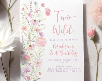 Two Wild Birthday Invitation Wildflower Birthday Invite Flower Birthday Pink Pastel Floral Girl Second Birthday Editable Download A727