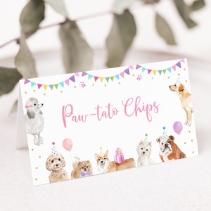 Bewerkbare puppy verjaardag tentkaarten Voedseletiketten Let's Paw-ty Girl Puppy Party Animal Shelter Dierenarts Puppy Hond Ballonnen Digitale Download A621